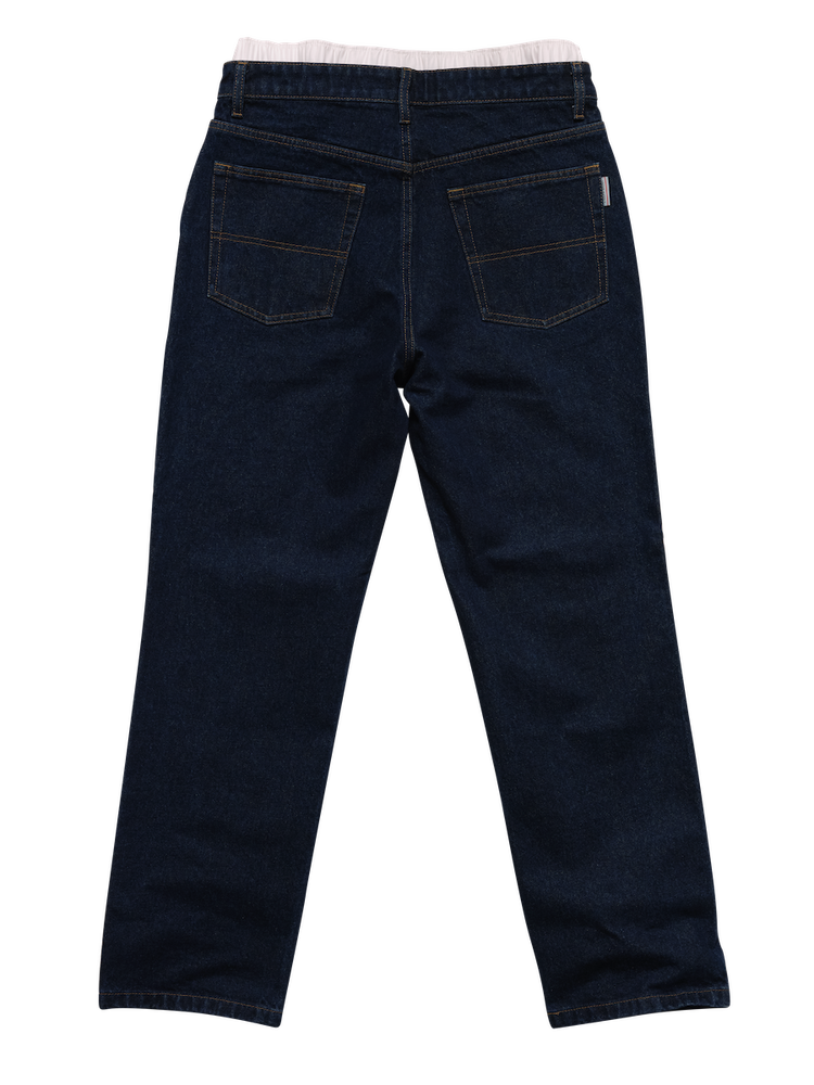 【oan】Linder Diagonal Line Track Denim Five Pocket Blue Jeans